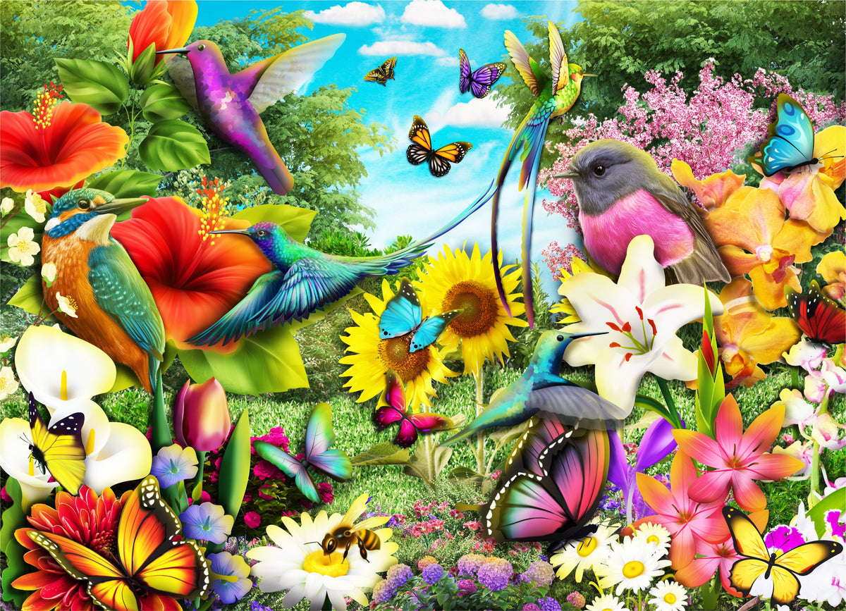 Pretty Garden Landscape 1000 Piece Jigsaw Puzzle For Adults - Butterfly, Bird & Flower Art, 27.5x19.7 Inches